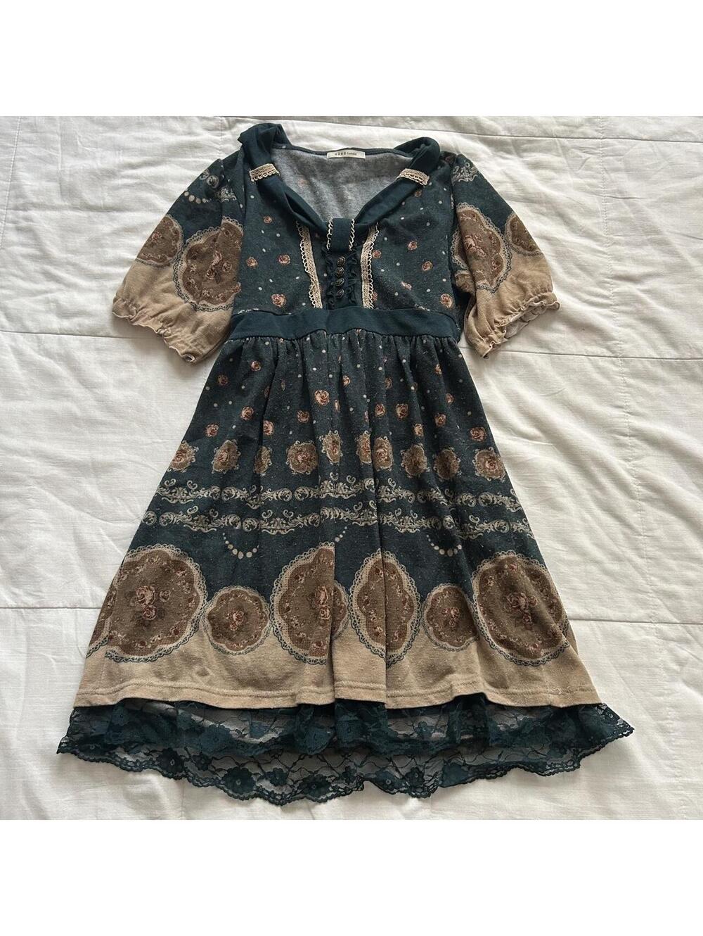Axes Femme Green Beige Rose Medallion Border Print Lace Dress Medium Japan